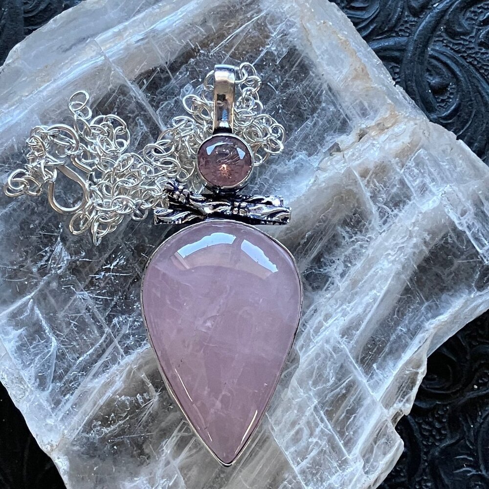 Kunzite Pink Rose Quartz Necklace Pendant Crystal Stone Jewelry
